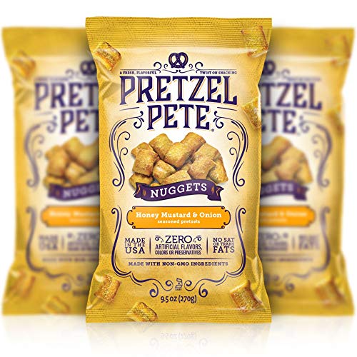 Pretzel Pete Honey Mustard & Onion Seasoned Pretzel Nuggets, Non-GMO, Small Batch, Bold Flavor, 9.5oz (3 Pack)