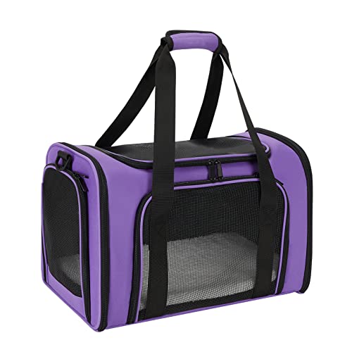 Echohana Pet Carrier Airline Approved, Soft Cat Carriers for Large Cats, Collapsible Cat Carriers with Removable Fleece Pad, Three-Sided Breathable Dog Carrier for Pets Under 25lbs (Large-Purple)