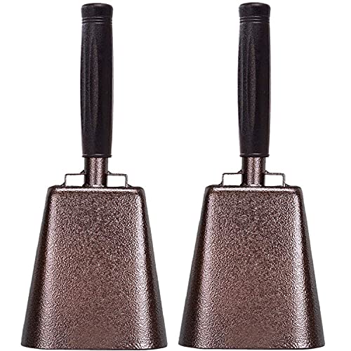 2 pack 7 in. steel cowbell/Noise makers with handles. Cheering Bell for sporting, football games, events. Large solid school hand bells. Cowbells. Percussion Musical Instrument. (COPPER)