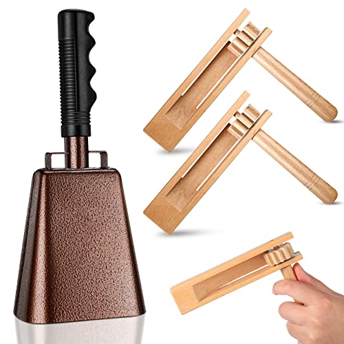 3 Pieces Noise Makers 10 Inch Steel Cowbell with Handle and 2 Pieces Wooden Spinning Rattle Ratchet Cheering Percussion Musical Instrument Traditional Matraca Toy for Game Sporting Events Wedding Farm