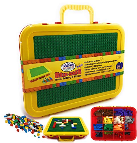 Matty's Toy Stop Brik-Kase 2-GO 13" Travel, Building, Storage & Organizer Container Case with Building Plate Lid (Holds Approx 1,500pcs) - Compatible With All Major Brands (Red, Green & Yellow)