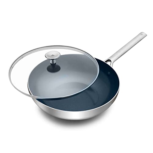 Blue Diamond Cookware Tri-Ply Stainless Steel Ceramic Nonstick, 11" Wok Pan with Lid, PFAS-Free, Multi Clad, Induction, Dishwasher Safe, Oven Safe, Silver