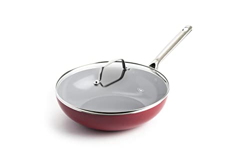 Red Volcano Textured Ceramic Nonstick, 11" Flat Bottom Wok Stir-Fry Pan with Lid for High Heat Cooking, Oven & Broiler Safe to 600 Degrees, Dishwasher Safe, PFAS PFOA & PTFE Free, Red