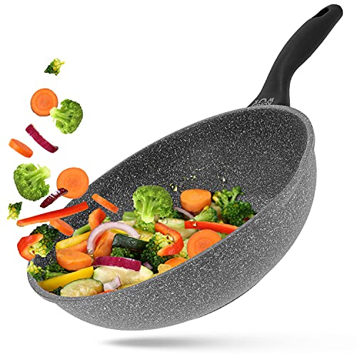 Oursson Wok Nonstick - Flat Bottom, Cast Aluminum Stir Fry Pan Non-Scratch Coating for Cooking, Boiling, Sautee, Steam - Ideal for Gas, Electric, Induction & Ceramic Stoves (11 inch Wok)