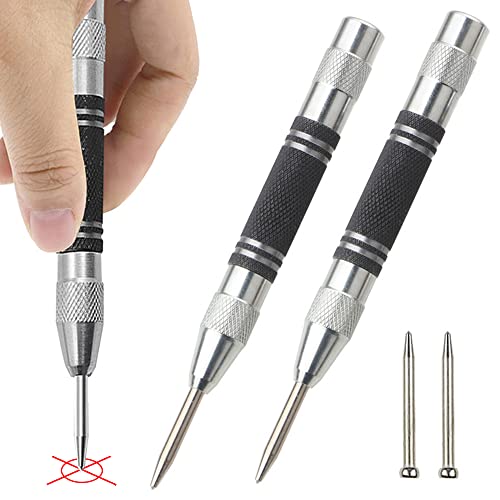 SuooTci Automatic Center Punch 5 Inch Spring Loaded 2 Pack Center Punch For Metal with Adjustable Tension Punch Tool for Metal(Two Replacement Tips Included)