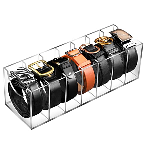 AFOROEOA Belt Organizer, Acrylic 7 Compartments Belt Storage Holder Clear Belt Display Case Belt Container Holder for The Closet Drawer Bow Tie Watch Jewelry Bracelets Ring Cosmetic