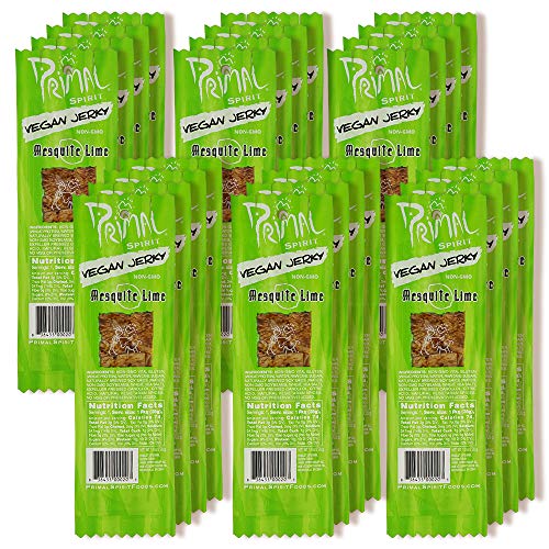 Primal Spirit Vegan Jerky  Classic Flavor  Mesquite Lime, 10 g. Plant Based Protein, Certified Non-GMO, No Preservatives, Sports Friendly Packaging (24 Pack, 1 oz)