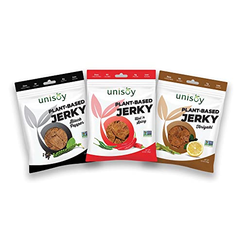 Unisoy Plant Based Jerky - 3 Bags [3.5 oz Each] High Protein Plant Based Vegan Snacks - Sustainable, Non-GMO, Low Sodium Vegan Food with a Classic Jerky Taste - Black Pepper, Teriyaki and Hot & Spicy (3-Pack)