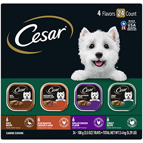 CESAR Wet Dog Food Classic Loaf in Sauce Poultry Variety Pack,. Easy Peel Trays with Real Chicken, Turkey or Duck, 3.5 Ounce (Pack of 24)