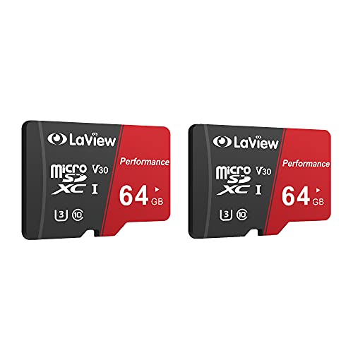 LaView 64GB Micro SD Card 2 Pack, Micro SDXC UHS-I Memory Card  95MB/s,633X,U3,C10, Full HD Video V30, A1, FAT32, High Speed Flash TF Card P500 for Computer with Adapter/Phone/Tablet/PC