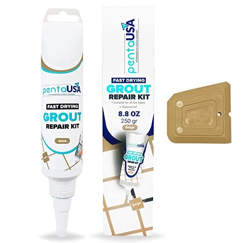 PentaUSA Tile Grout Repairs Renews - 8.8 oz Beige Grout Filler Tube, Fast Drying Grout Repair Kit, Heavy-Duty Grout Cleaner - Restore and Renew Grouts, Spatula Included (8.8 Oz - 250gr - Beige Color)