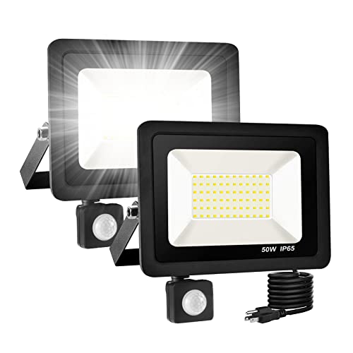 2 Pack 50W LED Flood Light Outdoor,7000LM LED Security Lights Motion Sensor Light Outdoor,6500K, Outdoor Floodlights,plug in motion light outdoor,Motion Detector Flood Light for Garage, Yard, Porch