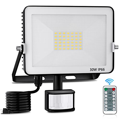 Vidoya LED Motion Sensor Flood Light Outdoor 30W with US Plug in Pir Sensitive Security Lights Wall Fixture Light Waterproof Floodlight for Garage Yard Patio Pathway Porch Entryways