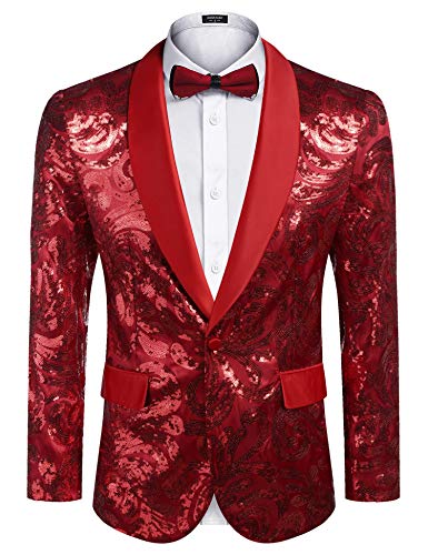 COOFANDY Red Mens Sequin Blazer Jacket Floral Suit Blazer Shiny Dinner Tuxedo Sequined Jackets for Christmas Party Prom Valentines Day Date Red M