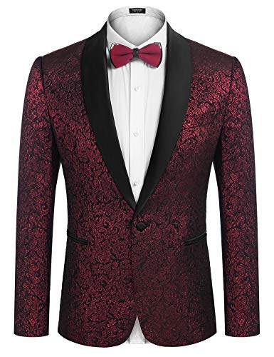 COOFANDY Men's Floral Suit Jacket One Button Stylish Jacquard Dinner Jacket Tuxedo Blazer for Wedding,Party,Prom Wine Red