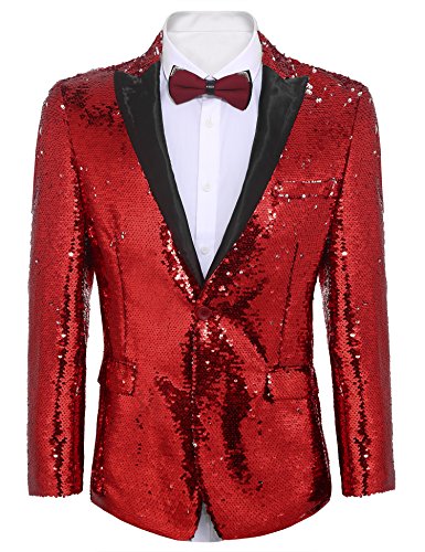 COOFANDY Shiny Sequins Suit Jacket Blazer One Button Tuxedo For Party,Wedding,Banquet,Christmas,Nightclub, Red, Large