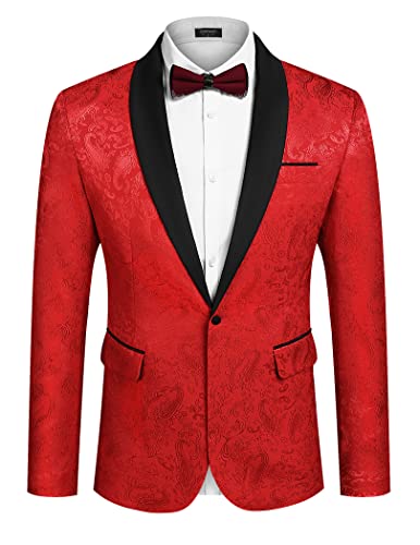 COOFANDY Mens Floral Tuxedo Jacket One Button Slim Fit Paisley Suit Blazer Jacket for Dinner Party Wedding Prom Red, L