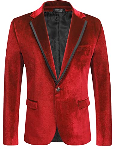 COOFANDY Mens Slim Fit Casual Red Blazer Men Christmas Blazer Jacket Holiday One Button Velvet Blazer, Red L