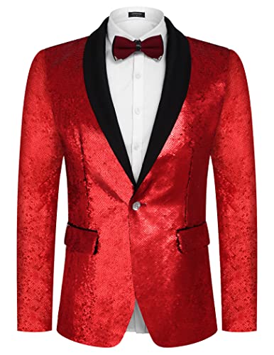 COOFANDY Shiny Sequins Suit Jacket Blazer One Button Tuxedo Christmas Nightclub Red