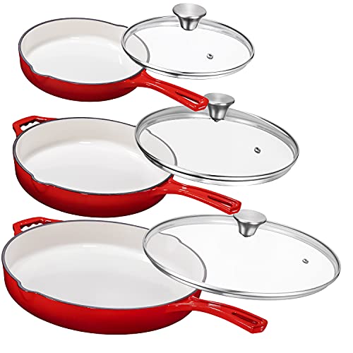 Bruntmor 8, 10, 12 Red Enamel Cast Iron Frying Pan Set of 3 With Tempered Glass Lid, Oven Safe Cast Iron Skillet, Cast Iron Grill Pan Set, Nonstick Cookware For Casserole Dish