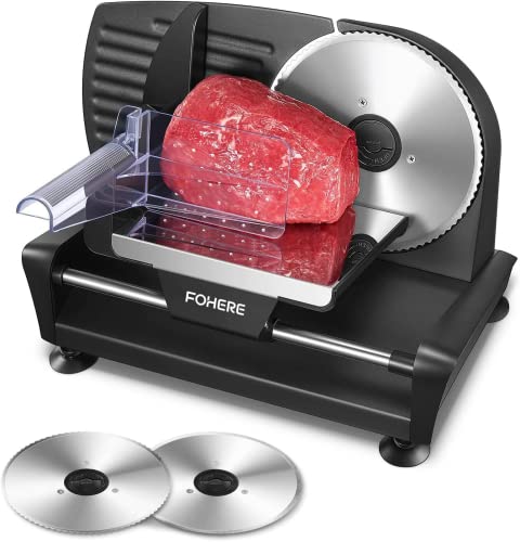 FOHERE Meat Slicer for Home Use, 200W Electric Deli Food Slicer with Removable Two 7.5 Blades, 0-15 Precise Thickness Knob Cut Deli Food, Meat Ham Bread Fruit, Include Food Carriage, Black