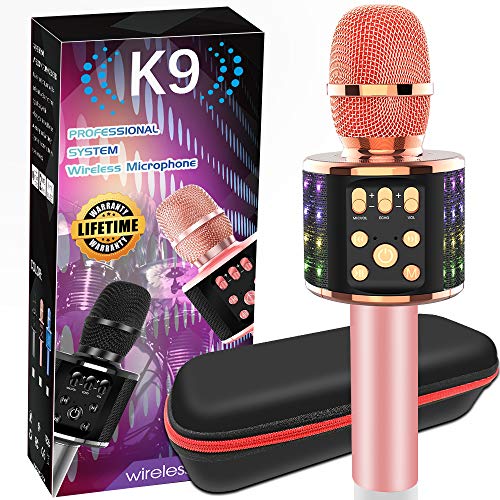 Wireless Bluetooth Karaoke Microphone for Adults Kids with Controllable Led, Bluetooth Microphone with Dual Sing, Bluetooth Microphone Karaoke Best Gift for Family on Christmas/Birthdays(Rose Gold)