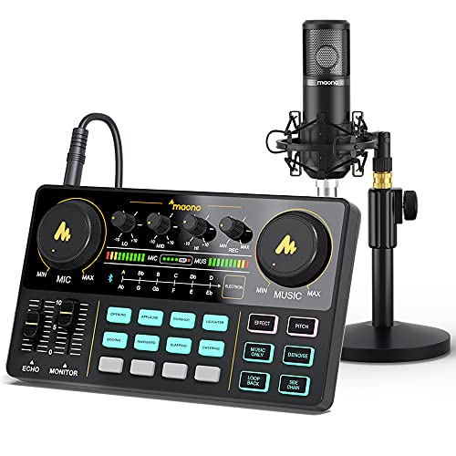 Podcast Equipment Bundle-MAONO MaonoCaster Lite -Audio Interface-All in One-Podcast Production Studio with 25mm Large Diaphragm Microphone for Live Streaming, Recording, PC, Smartphone (AU-AM200-S4)