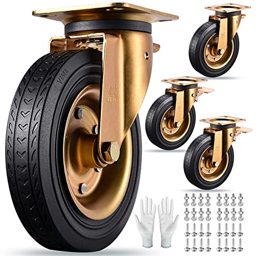 8" Casters Set of 4 Heavy Duty Plate Casters 8 Inch Swivel Industrial Rubber Wheels for Cart Furniture and Workbench Locking Outdoor Dolly Castors Replacement Load 3000Lbs (Free Bolts Nuts and Screws)