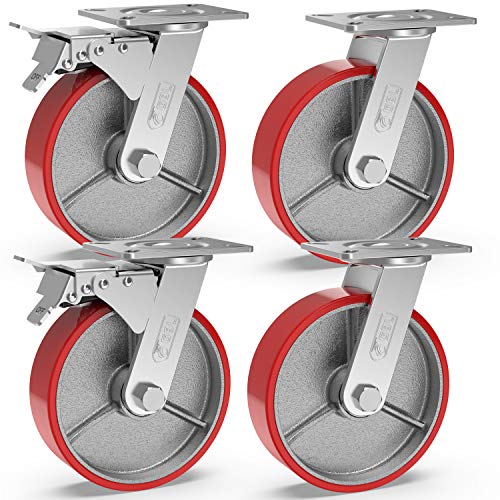 GBL - 6'' Metal Casters Wheels with 2 Breaks + Screws - up to 2820Lbs - Set of 4 Heavy Duty Steel Castor Wheels - Industrial Dolly Wheels for Tool Box, Workbench & Garage