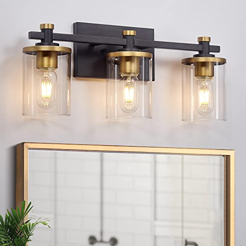 3 Light Bathroom Vanity Light Fixtures, Modern Black and Gold Vanity Lights Over Mirror, Vintage Wall Sconce with Clear Glass Shade, Brushed Gold Vanity Lights for Bathroom