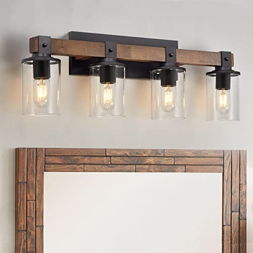 Bathroom Vanity Light Fixtures, 4-Light Bathroom Wood Wall Sconce with Clear Glass Lights Shade, Rustic Vintage Wall Light Fixture Over Mirror for Bedroom, Kitchen, Living Room, Hallway