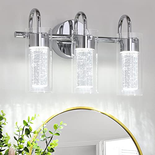 MAXvolador 3-Light LED Vanity Light Fixture, 1500Lumen Dimmable Wall Sconce Lighting, Modern Bathroom Wall Lights with Crystal Bubble Glass 21W, Cool White Over Mirror Vanity Lamp, Chrome Finish