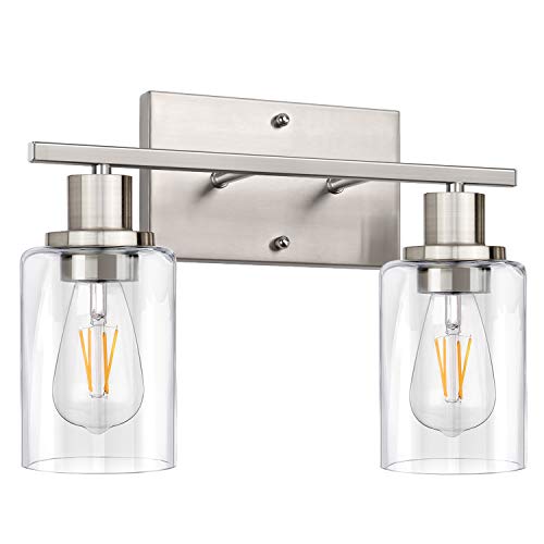 ShineTech Bathroom Light Fixtures, 2-Light Brushed Nickel Bathroom Vanity Light, Modern Wall Sconces, Bath Wall Mounted Lamps with Glass Shade, Wall Lights for Mirror Bedroom Living Room Cabinet