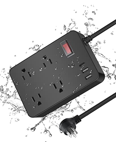 Outdoor Power Strip Weatherproof with USB C, Waterproof Surge Protector with 4 Outlets,Outdoor Electrical Outlet,Outdoor Multi Plug Outlet for Camping, Garden, Kitchen, Bathroom, 6ft Cord,Flat Plug