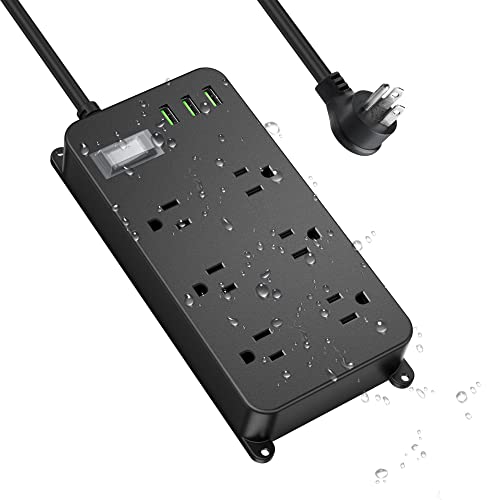 6-Outlet Outdoor Power Strip Weatherproof with USB, Waterproof Surge Protector,Outdoor Electrical Outlet,Outdoor Multi Plug Outlet for Camping, Garden, Kitchen, Bathroom, 6ft Cord,Flat Plug