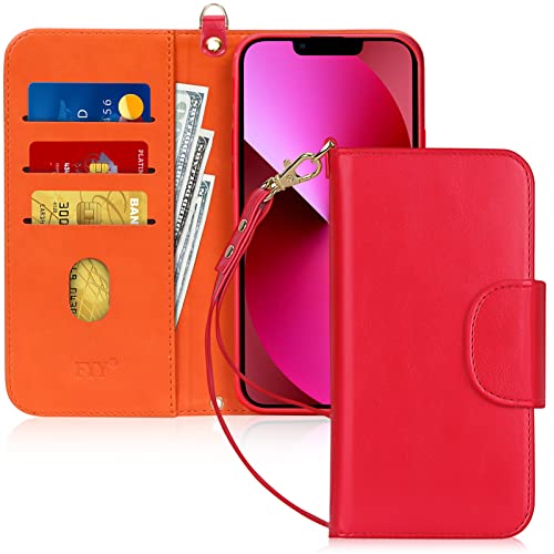 FYY Compatible with iPhone 13 Case, [Kickstand Feature] Luxury PU Leather Wallet Case Flip Folio Cover with [Card Slots] and [Note Pockets] Case for iPhone 13 5G 6.1" Red