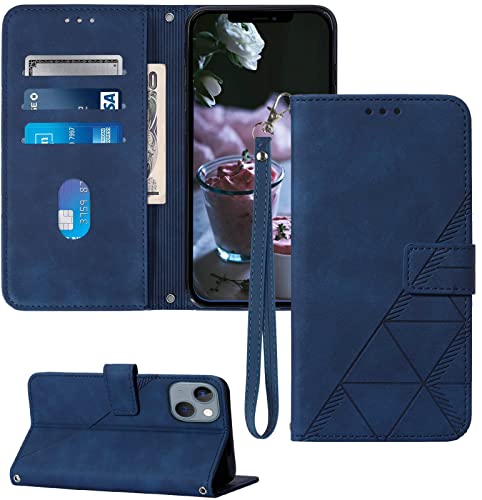 Compatible for iPhone 13 Wallet Case,for iPhone 14 Wallet Case 2022,[Kickstand][Wrist Strap][Card Holder Slots] TPU Interior Protective PU Leather Folio Flip Cover for iPhone 13 Case Wallet (Blue)