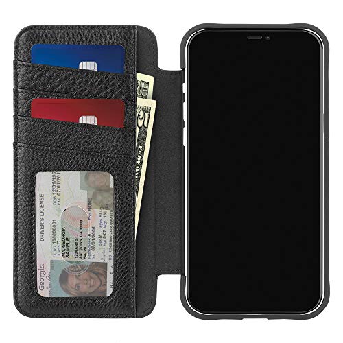 Case-Mate Wallet Folio iPhone 13 Case - Black [10FT Drop Protection] [Compatible with MagSafe] Magnetic Flip Shockproof Cover Made with Genuine Pebbled Leather, Landscape Stand, Cash & Card Holder