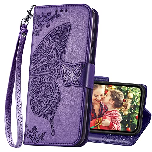 KRHGEIK Designed for iPhone 13 Mini Wallet Case,Women Flip Folio Cover with Butterfly Embossed PU Leather Kickstand Credit Card Holder Slots Wrist Strap Phone Case for iPhone 13 Mini 5.4" (Purple)