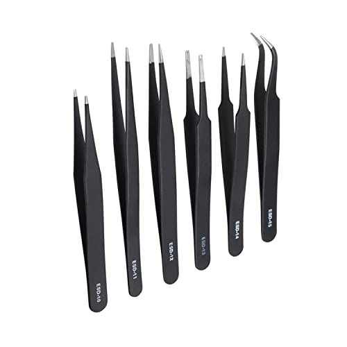 6PCS Precision Tweezers Set BluntTip Anti-Static Curved of Tweezers ESD Electronics Laboratory Work Jewelry-Making Craft, Soldering Multiple Usage