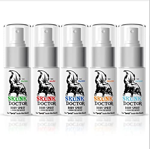 Skunk Doctor Smoke Odor Eliminator Spray (Pack of 5 Scents) | Dual purpose Body Spray and Room Freshener | Strong Odor Eliminator for Car and Home | Works On All Types Of Smoke Odors