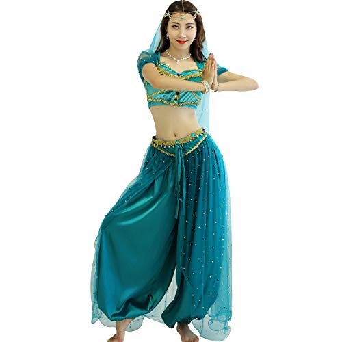 MISI CHAO Belly Dance Jasmine Costume - Aladdin Halloween Outfit Princess Costumes Teal for Women/Girls (X-Large, Adult-Teal)
