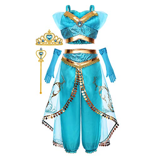 Princess Jasmine Costume Dress Up Clothes Fancy Sequined Arabian Outfit Attire with Tiara Wand Gloves Accessories Set for Little Toddler Girls Kids Halloween Cosplay Birthday Party 3T 4T 3-4 Years