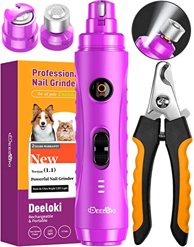 DEELOKI Dog Nail Grinder with LED Light Upgraded 2 Speeds Painless Pet Dog Nail Trimmers and Clipper Super Quiet Best Cat Dog Nail Clipper Kit for Large Small Dogs Pets Cats Breed Paws Quick Grooming