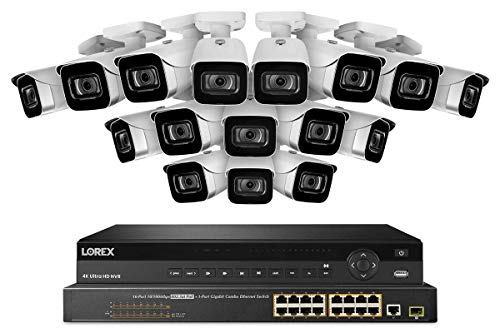 Lorex NC4K8-3216WB 32 Channel 4K Surveillance System with N882A38B 8TB 4K Fusion NVR, 16 Port ACCLPS263B POE Switch and 16 E841CA-E 8MP White Bullet Cameras