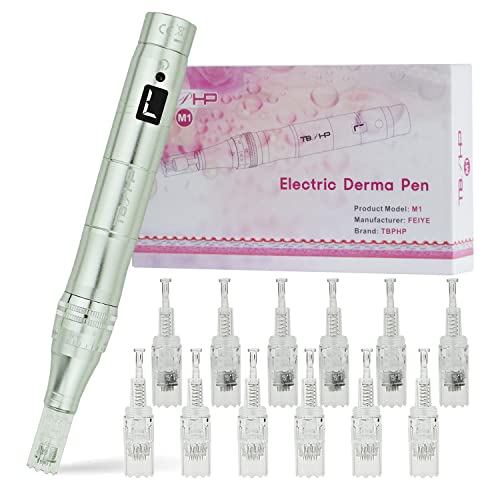 TBPHP M1 Electric Derma Beauty Pen Professional at-Home Kit with 12Pcs Replacement Cartridges - Trusty Skin Care Tool Kit (Silver)