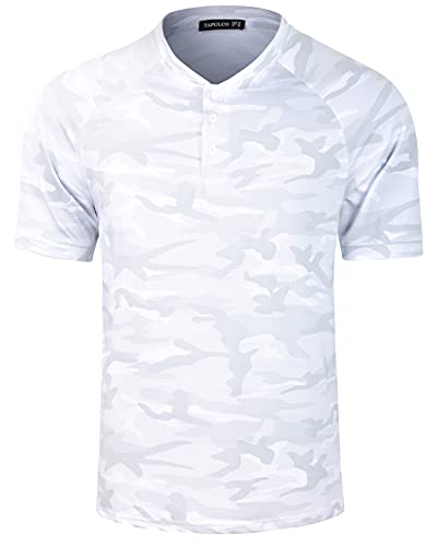 TAPULCO Mens Summer Fashion Active Sports Tee Fast Dry Gym Jogging Tee Collarless Pattern Short Sleeve Golf Polo Shirt for Daily Casual Wear Camo White Large