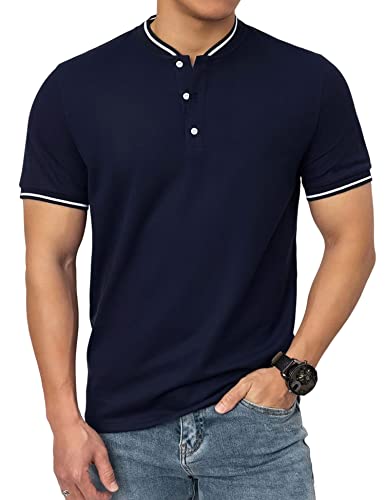 Collarless Golf Shirts for Men Men's Golf Polo Shirts Collarless Shirts for Men Crew Neck Blue Polo Shirts for Men Fat Men College University School Uniform Shirt Camisas para Hombres in Regular Fit