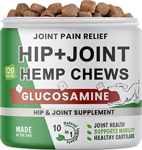 Hemp Dog Treats for Joints Health - Natural Joint Pain Relief - Glucosamine + Canine Hemp Hip and Joint Supplement w/MSM + Chondroitin + Hemp Oil + Omega 3 + Turmeric + Calcium - 120 Bacon Chews