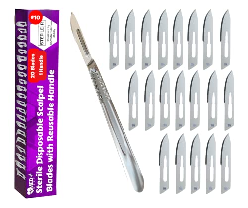 MedHelp Pack of 21 Surgical Blades #10 with Stainless Steel Scalpel Handle - High Carbon Steel Sterile Dermaplane Blades Individually Wrapped, Dermaplaning Tool for Face, Podiatry, and Crafts